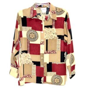 BonWorth Women’s Multicolor Patchwork Long Sleeve Button-up Top – Size: M Petite